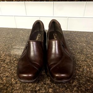 CLARKS Brown Leather Heeled Mules Zip Side Excellent Condition Size 6M